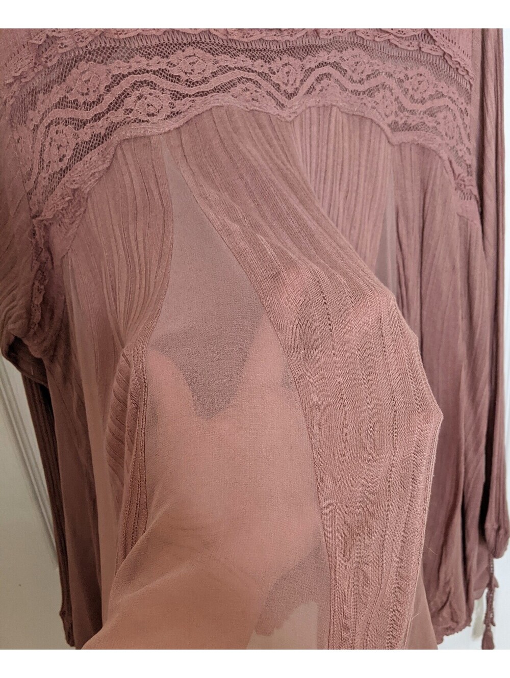 Free People Penny Lane Sheer Tunic Size XS Mauve BOHO Gauze Lace Oversized - Picture 6 of 13